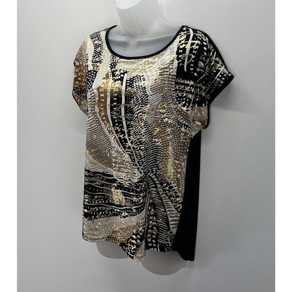 ALLISON DALEY Womens Size Petite Small Black Gold Script Shiny Dressy Top - Picture 3 of 8
